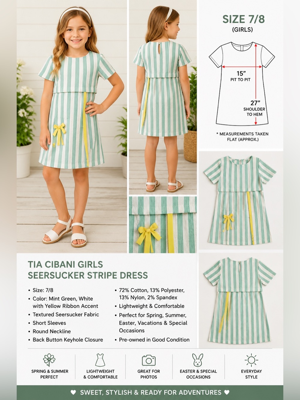 TIA CIBANI Girls Seersucker Stripe Dress Size 7/8 Mint Green White Ribbon Accent